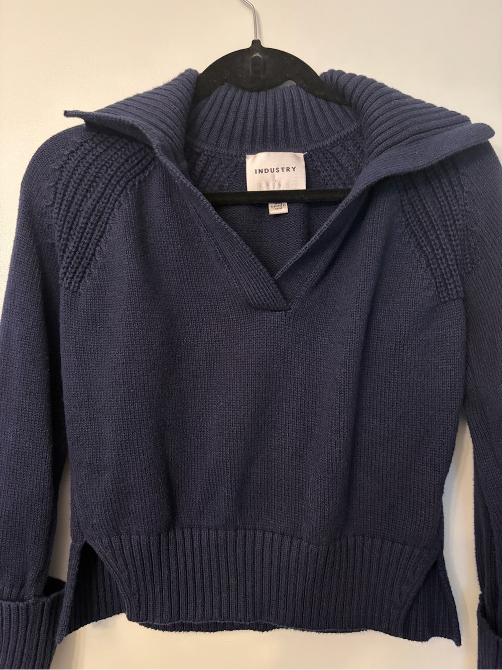 Industry Navy V-Neck Knit Funnel Collar Cropped Sweater Small